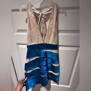 Bebe Blue and Cream Lace Ribbon Dress